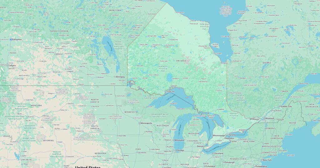 1. Detailed map of the Great Lakes region highlighting lakes, parks, and major cities across the United States and Canada.