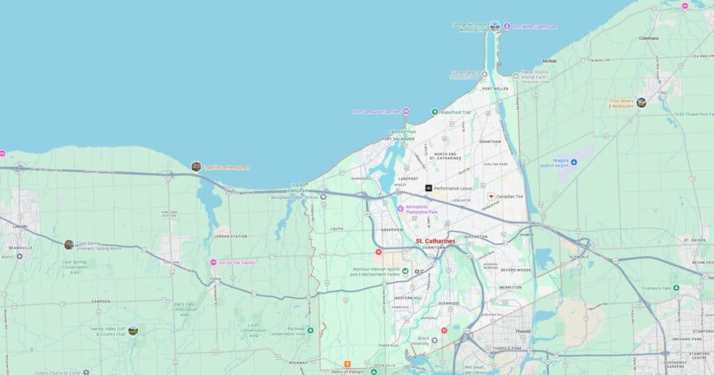 Scenic map of St. Catharines, Ontario, showcasing key locations, parks, and attractions in the Niagara Region for travel and tourism.