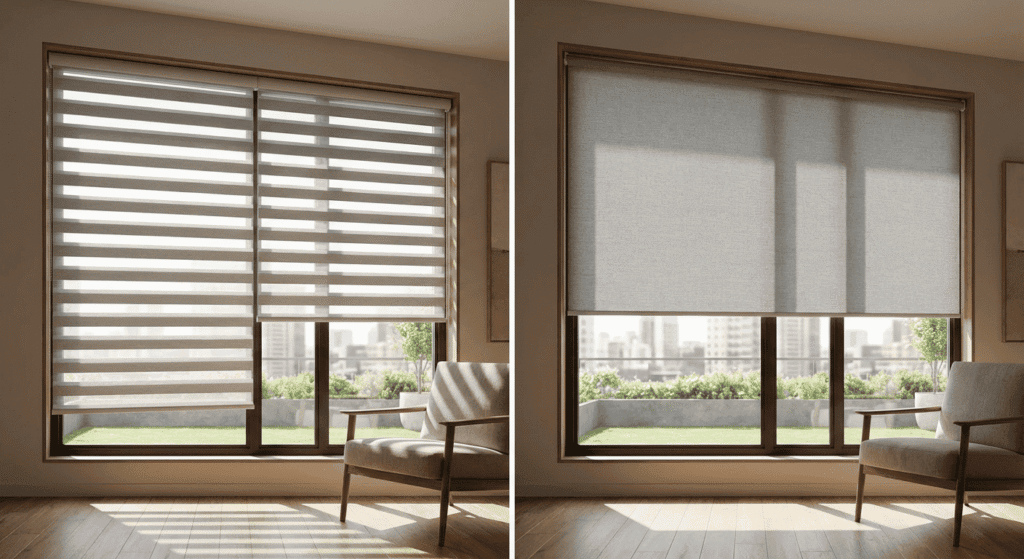 Comparison of two window coverings: zebra blinds on the left and roller shades on the right, in a bright living room with city view.