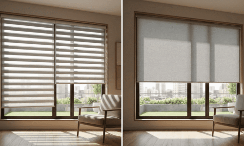 Comparison of two window coverings: zebra blinds on the left and roller shades on the right, in a bright living room with city view.