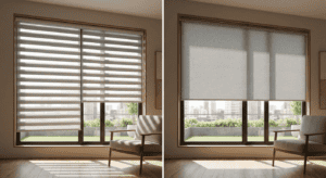 Light-filtering window blinds allowing natural sunlight, modern interior design with comfortable armchair, cityscape view, minimalist decor, warm wooden floor, daytime ambiance, versatile window treatments, cozy living space, contemporary home styling, privacy and light control.