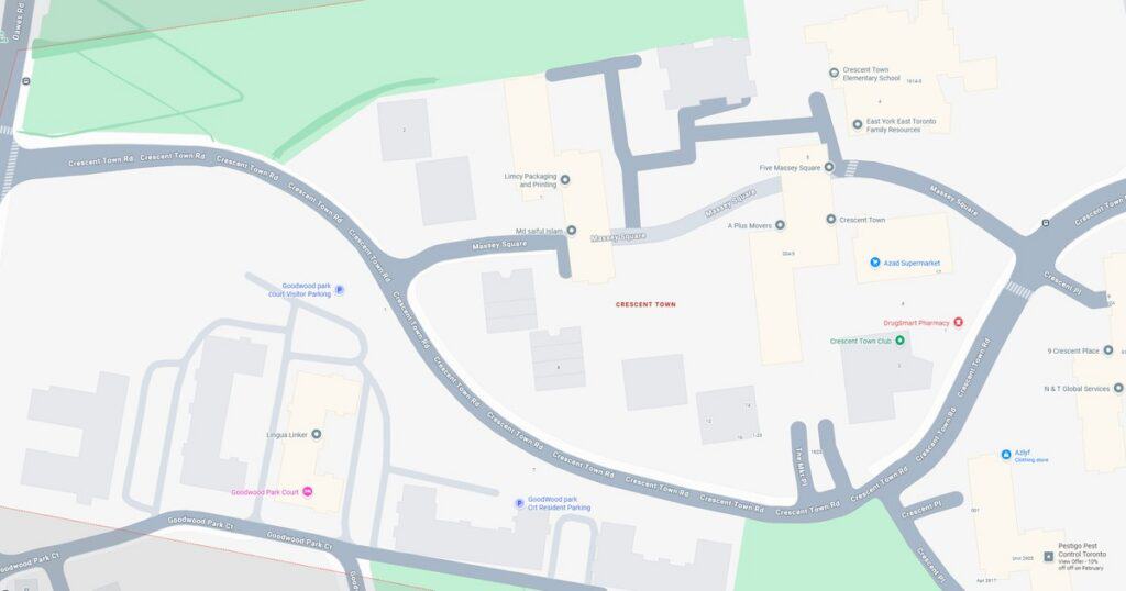 A detailed map of Crescent Town showing streets, landmarks, and public transportation options in the neighborhood.