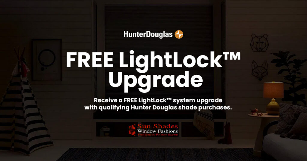 Promotional image for Hunter Douglas offering a free LightLock system upgrade with shade purchases, featuring a modern living room setting.