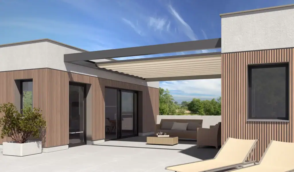 Contemporary outdoor terrace with sunshade, seating area, and wooden accents, overlooking a scenic landscape under a blue sky.
