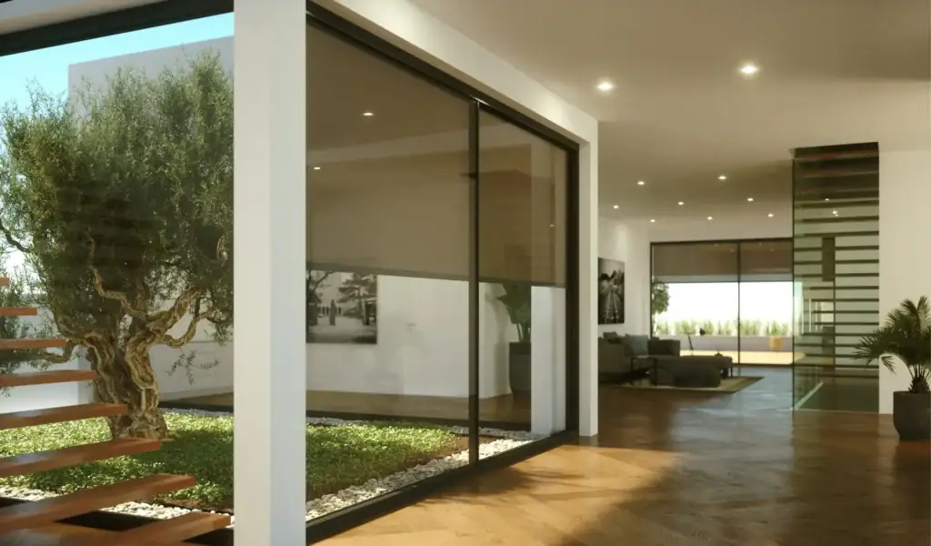 Spacious modern living room with large glass windows, wooden flooring, and contemporary decor, overlooking a garden with trees.