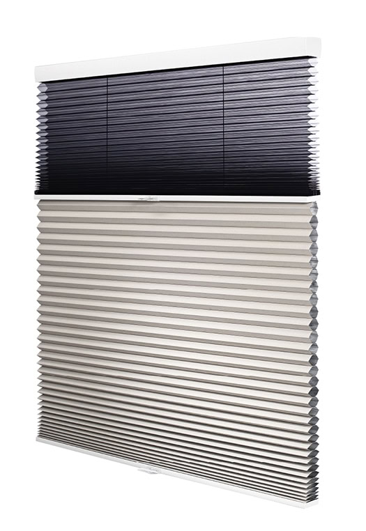 Modern motorized honeycomb blinds with black and white color options, designed for energy efficiency and sleek interior decor.