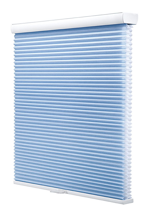 Blue honeycomb motorized window blinds with sleek white top rail, designed for modern home or office decor.