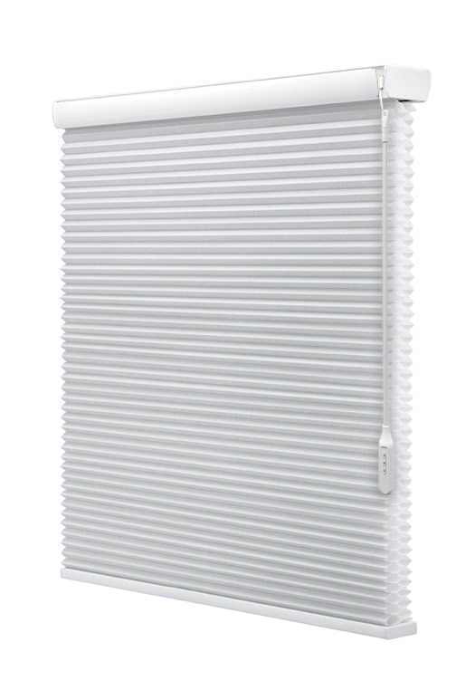 White motorized honeycomb blinds with remote control for window coverage and insulation.