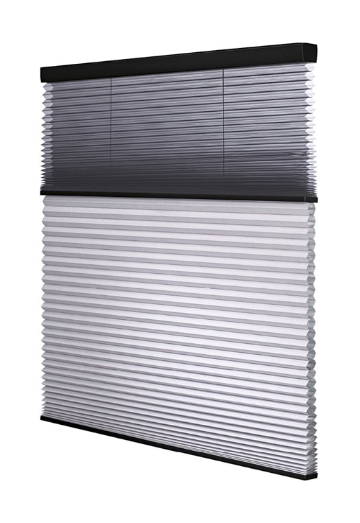 Motorized honeycomb blinds with black top and bottom, featuring a sleek, modern design for window covering solutions.