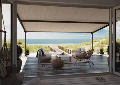 Elegant outdoor patio with a view of the beach, featuring a covered roof, seating area, and wooden deck, perfect for relaxing and enjoying seaside scenery.