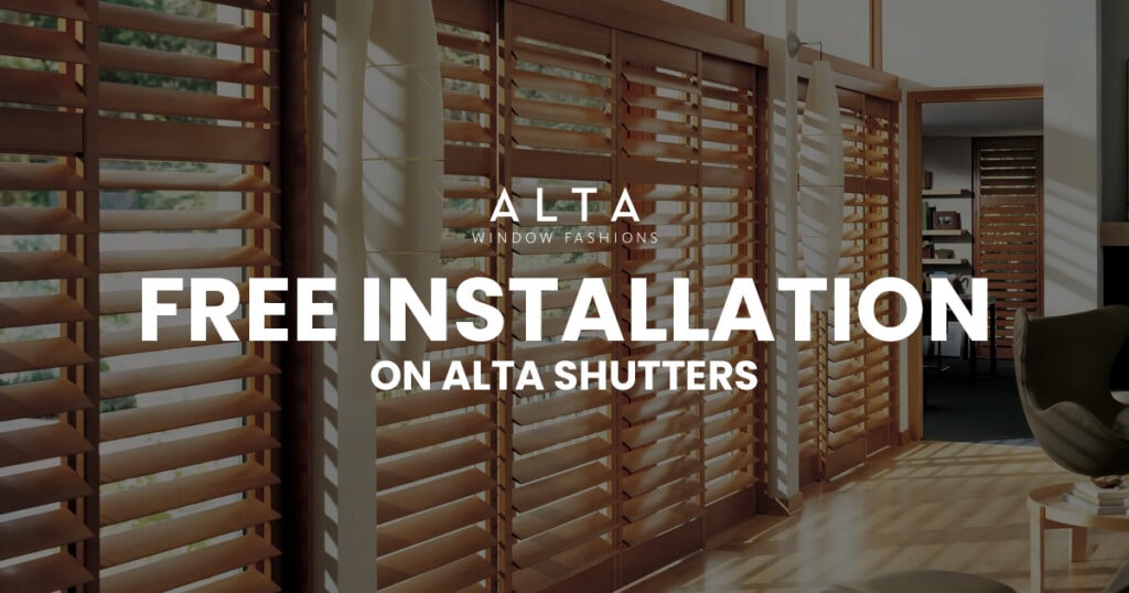 Modern interior with wooden Alta shutters, promoting free installation service for window coverings.