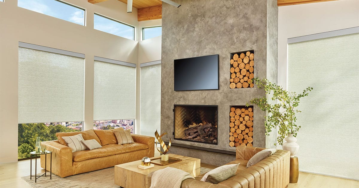 Solar window shades for modern living room with natural light, offering energy efficiency and privacy from Superior Blinds.