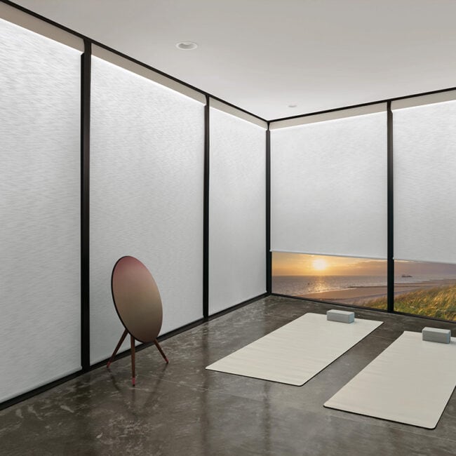 Soft white roller blinds installed in a modern room with a coastal view, providing light control and privacy. Ideal for contemporary spaces seeking a sleek, minimalist aesthetic with easy operation.