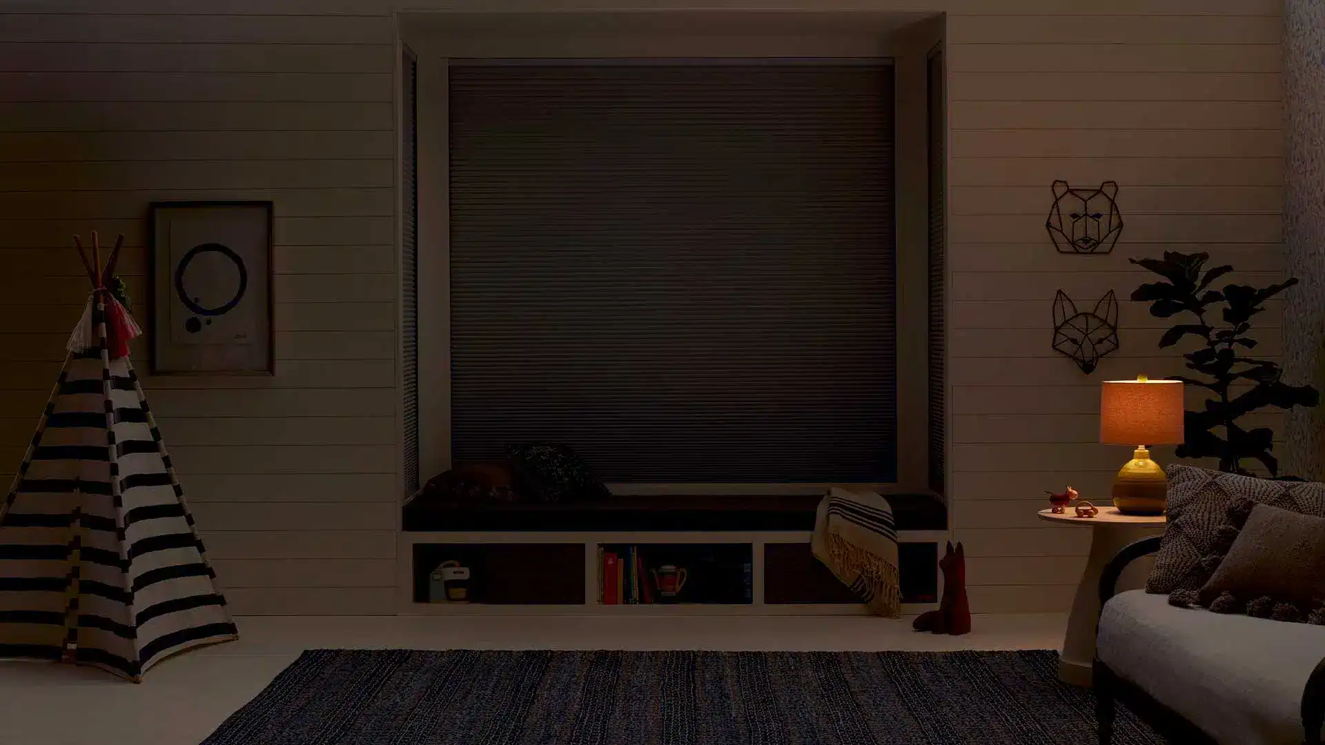 Dark brown exterior window blinds with a modern, sleek design providing privacy and light control in a cozy, stylish living space.