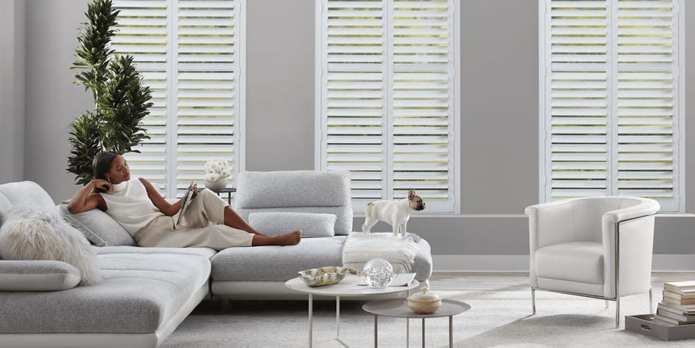Elegant living room with white blinds, modern furniture, and natural light for stylish window treatment ideas.