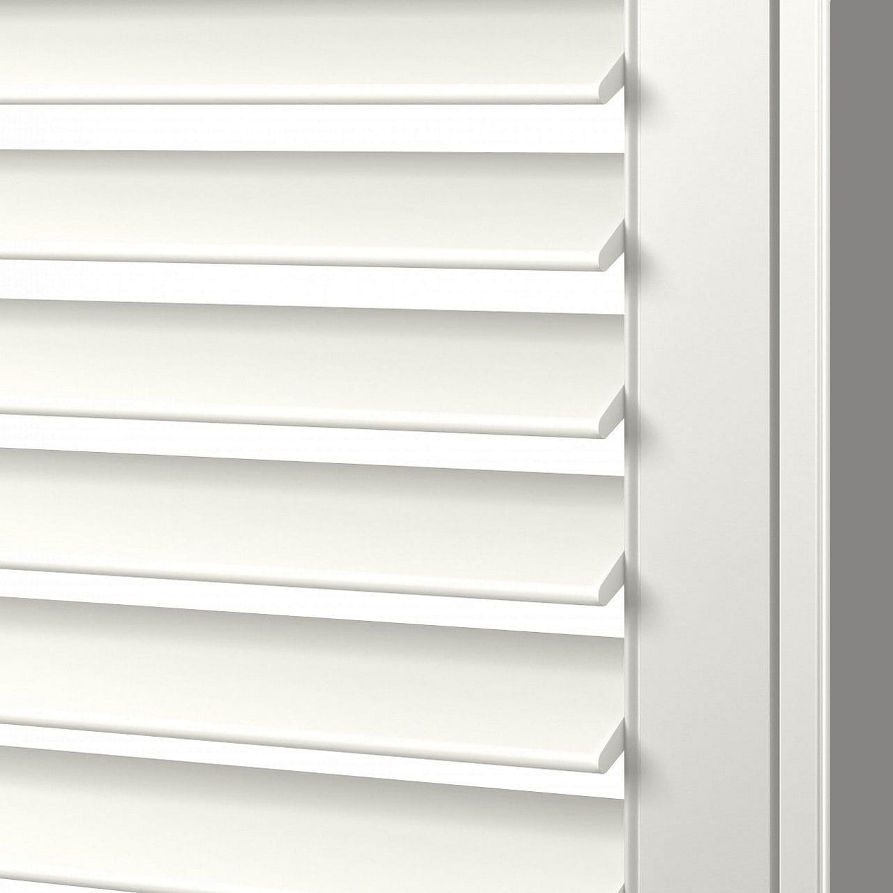 Louvered white window shutters with adjustable horizontal slats for privacy and light control. Perfect for enhancing home decor with durable, stylish window blinds.