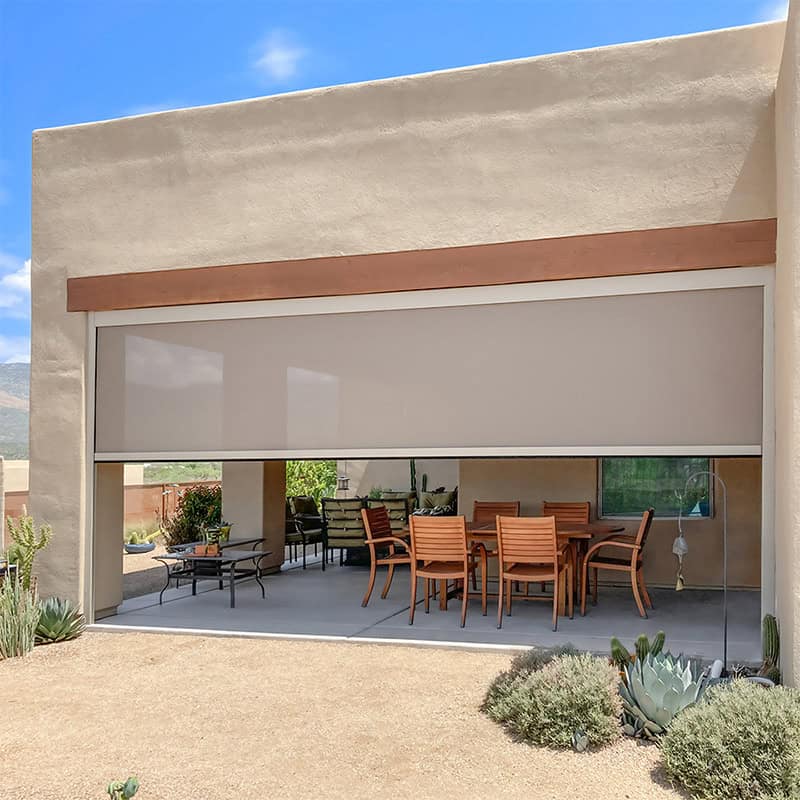 Roll-up patio shades for outdoor living, superior blinds motorized window coverings, customizable exterior blinds for privacy and sun control, durable outdoor shades for patios and decks, Superior Blinds high-quality outdoor roller shades.