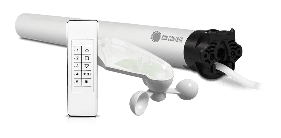 Phone line blackout roller shade with remote control for sun and privacy management.