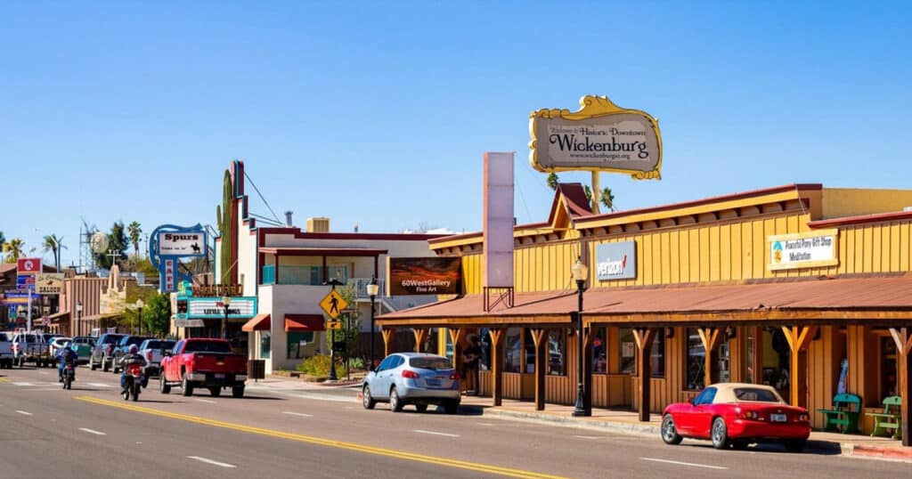 Vibrant downtown Wickenburg with stylish window blinds and storefronts, highlighting superior blinds options for homes and businesses in Arizona. A sunny day with clear skies enhances the inviting shopping district atmosphere.