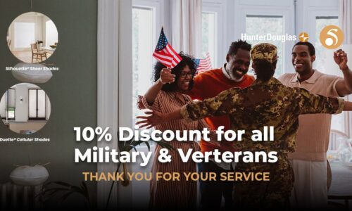 Silhouette sheer shades and cellular shades installed in a home with people celebrating, highlighting superior blinds options for military and veteran discounts.