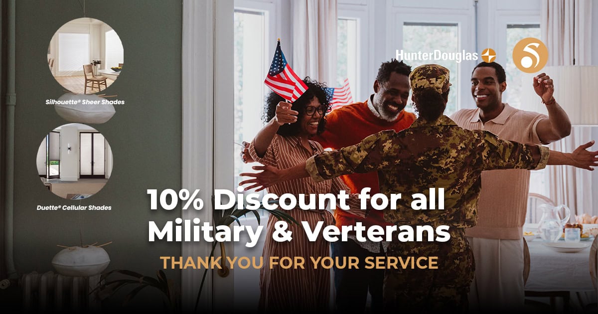 Silhouette sheer shades and cellular shades installed in a home with people celebrating, highlighting superior blinds options for military and veteran discounts.