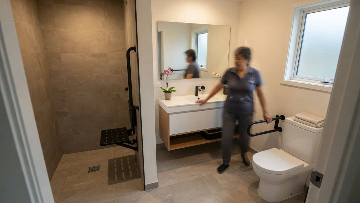 Compact wet room conversion for accessible bathroom — 5–6m² Auckland renovation, matte black grab rails and level-entry shower by Superior Renovations