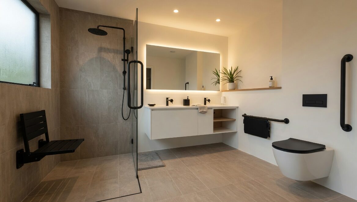 Accessible bathroom renovation Auckland — level-entry wet room with matte black grab rails and slip-resistant stone-look tiles — Superior Renovations