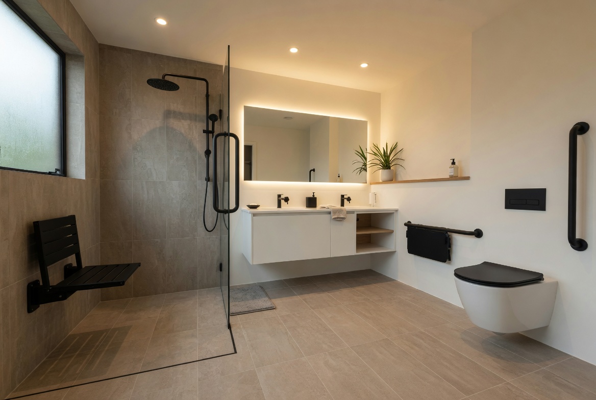Accessible bathroom renovation Auckland — level-entry wet room with matte black grab rails and slip-resistant stone-look tiles — Superior Renovations