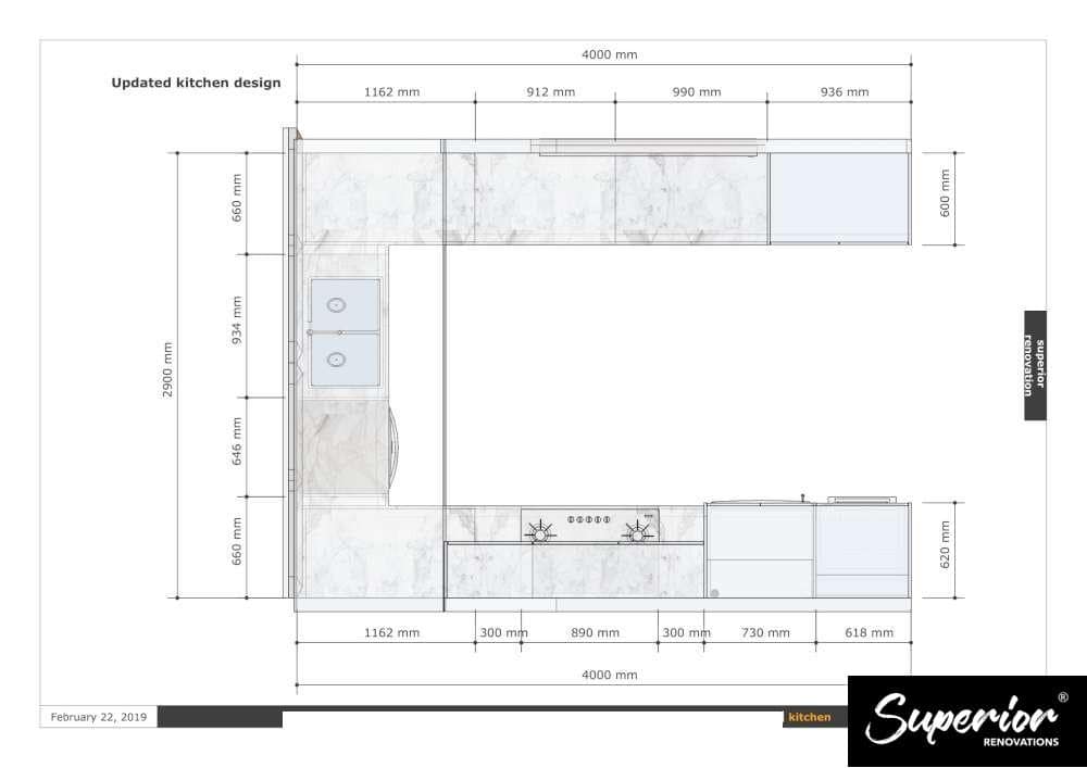 kitchen-design-elevation Kitchen design elevation drawing with cabinetry dimensions, double sink, gas cooktop and marble-look benchtop