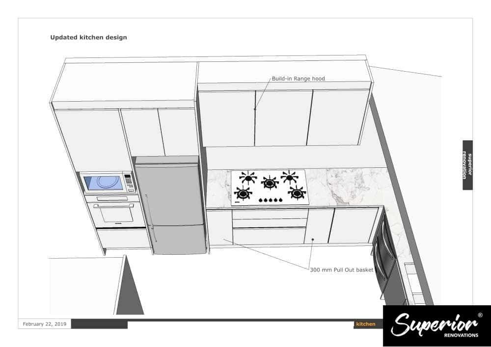 kitchen-design-perspective Kitchen design perspective drawing for the renovation - wall ovens, integrated fridge, gas cooktop and marble-look splashback