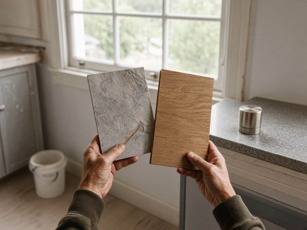 Comparing a timber flooring sample against a stone benchtop offcut in natural light to plan an Auckland renovation colour scheme.