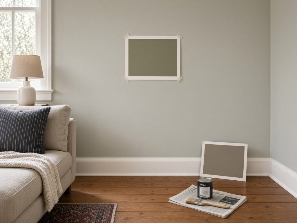 Testing an A2 paint sample card on a living room wall in natural daylight, part of choosing a renovation colour scheme for an Auckland home.