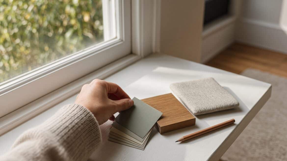 Arranging paint swatches, a timber flooring sample and a fabric swatch together in daylight to plan a renovation colour scheme for an Auckland home.