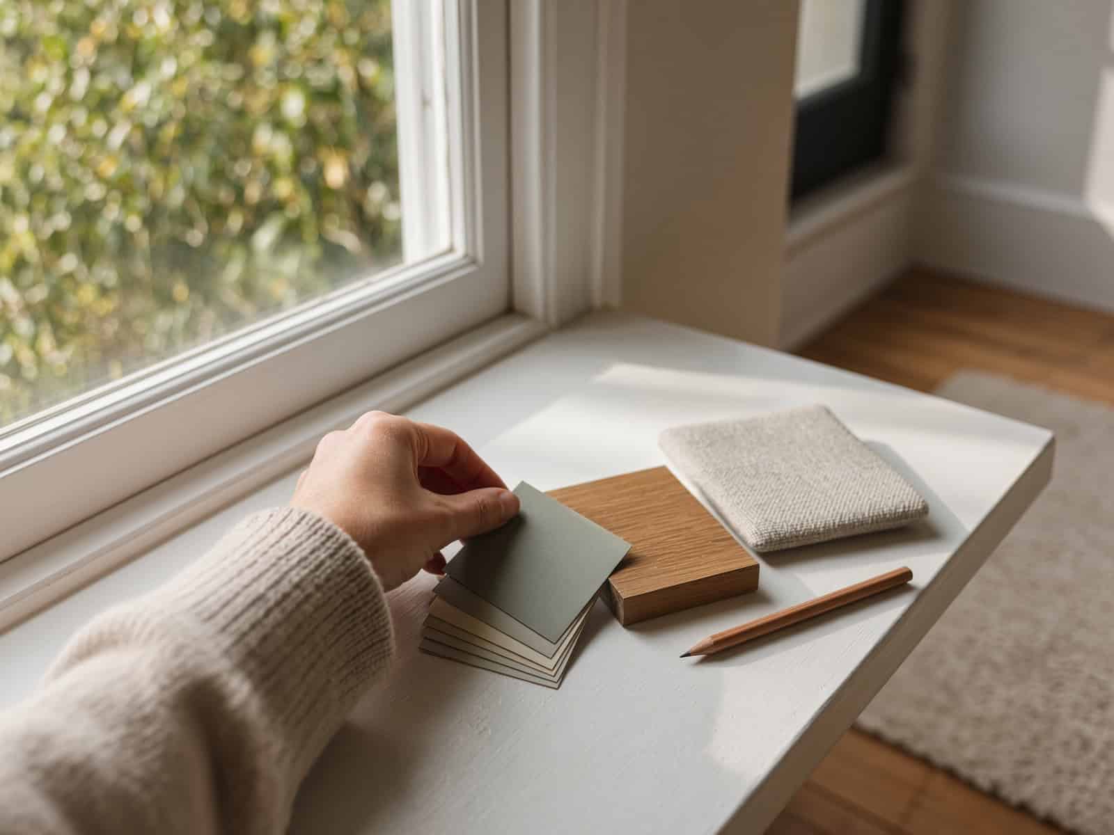 Arranging paint swatches, a timber flooring sample and a fabric swatch together in daylight to plan a renovation colour scheme for an Auckland home.