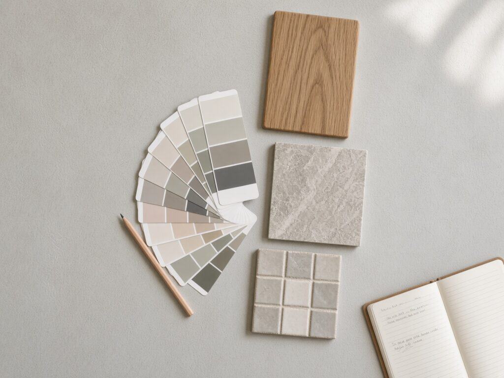 Renovation colour scheme laid out with paint swatches, timber flooring sample and benchtop offcut on an Auckland kitchen bench