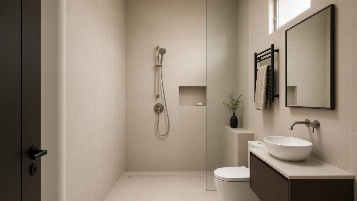 Doorless wet room bathroom in an Auckland home renovation, with floor-to-ceiling tiling and a single glass divider separating the open shower from the vanity area.