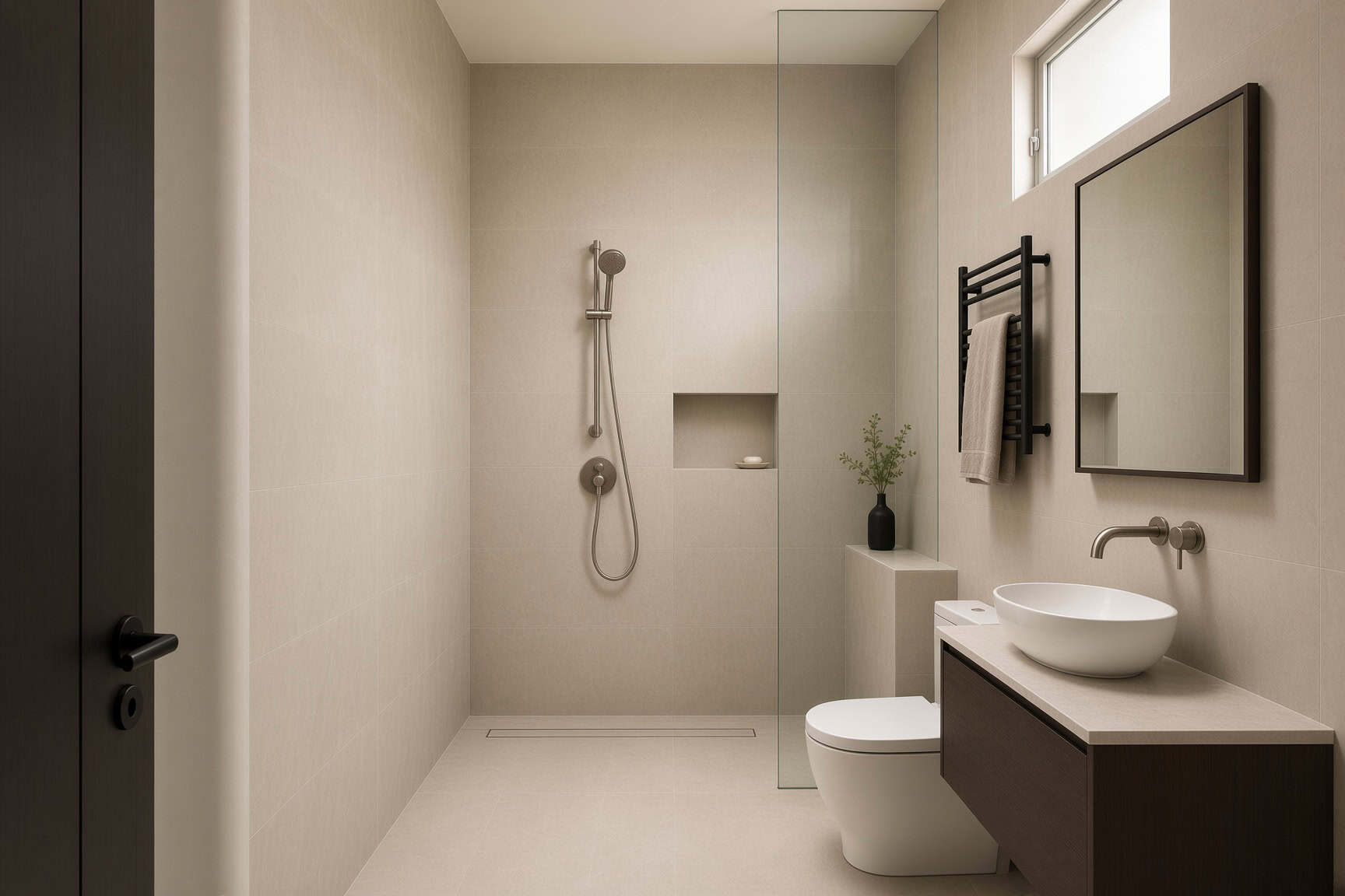 Doorless wet room bathroom in an Auckland home renovation, with floor-to-ceiling tiling and a single glass divider separating the open shower from the vanity area.
