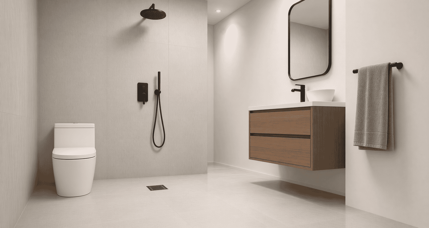 Close-up floor-level view of a wet room bathroom showing the seamless tiled transition from shower zone to the rest of the room, with no step or lip.