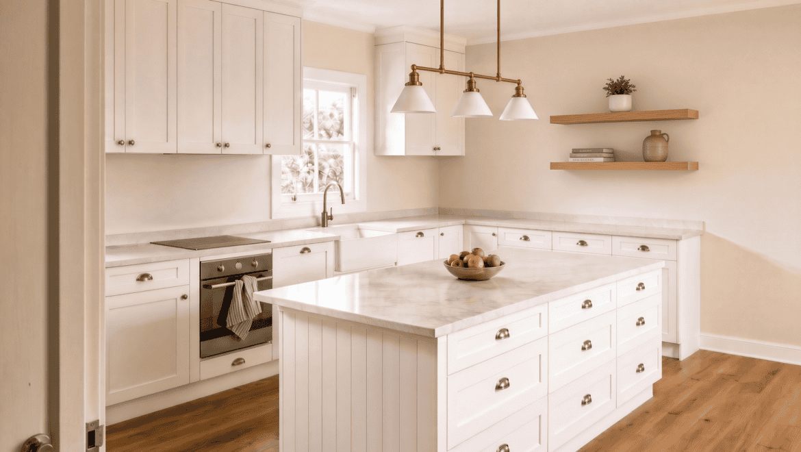 Hamptons-style kitchen in an Auckland villa renovation with white shaker cabinetry, marble-look island, and VJ panelling.