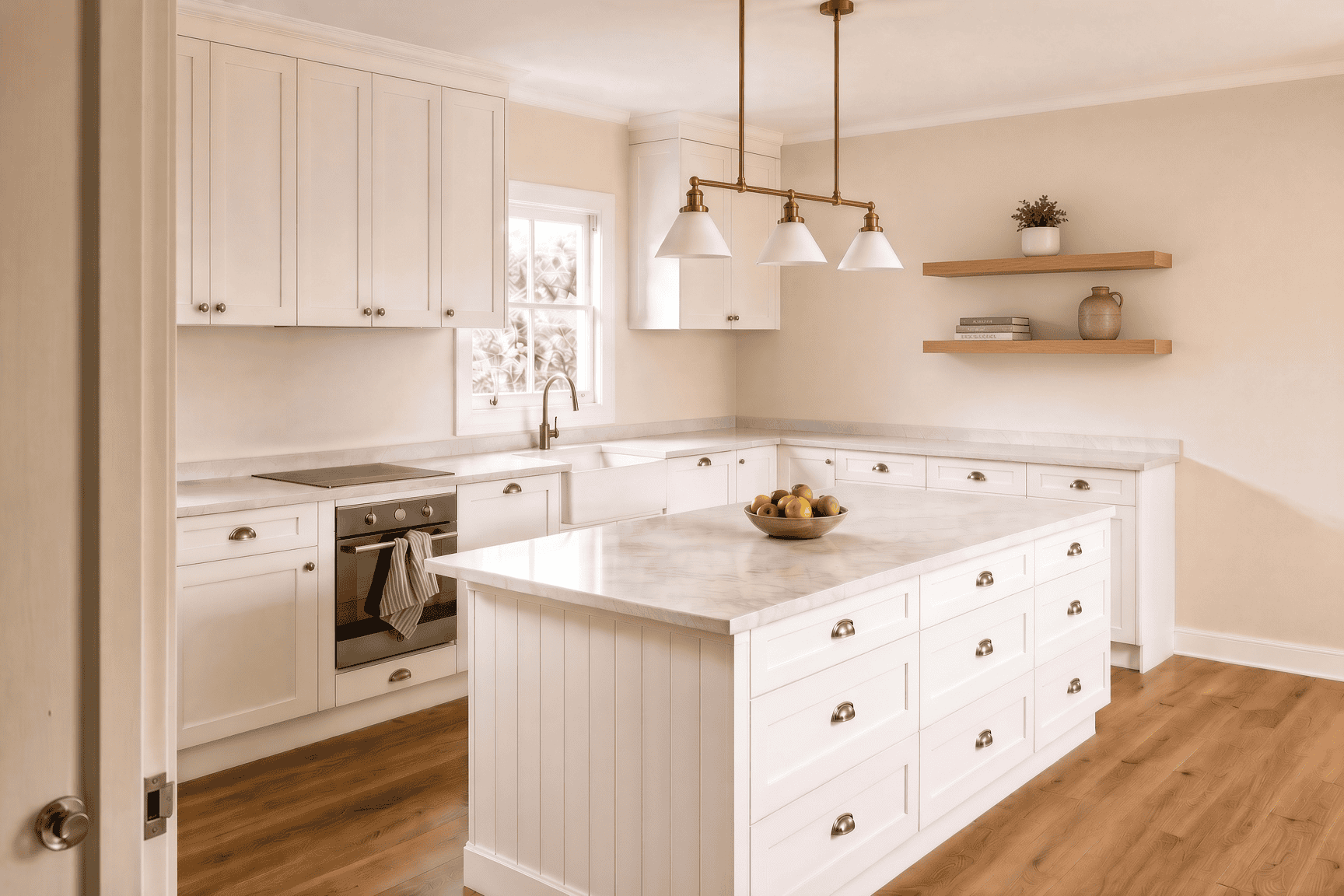 Hamptons-style kitchen in an Auckland villa renovation with white shaker cabinetry, marble-look island, and VJ panelling.