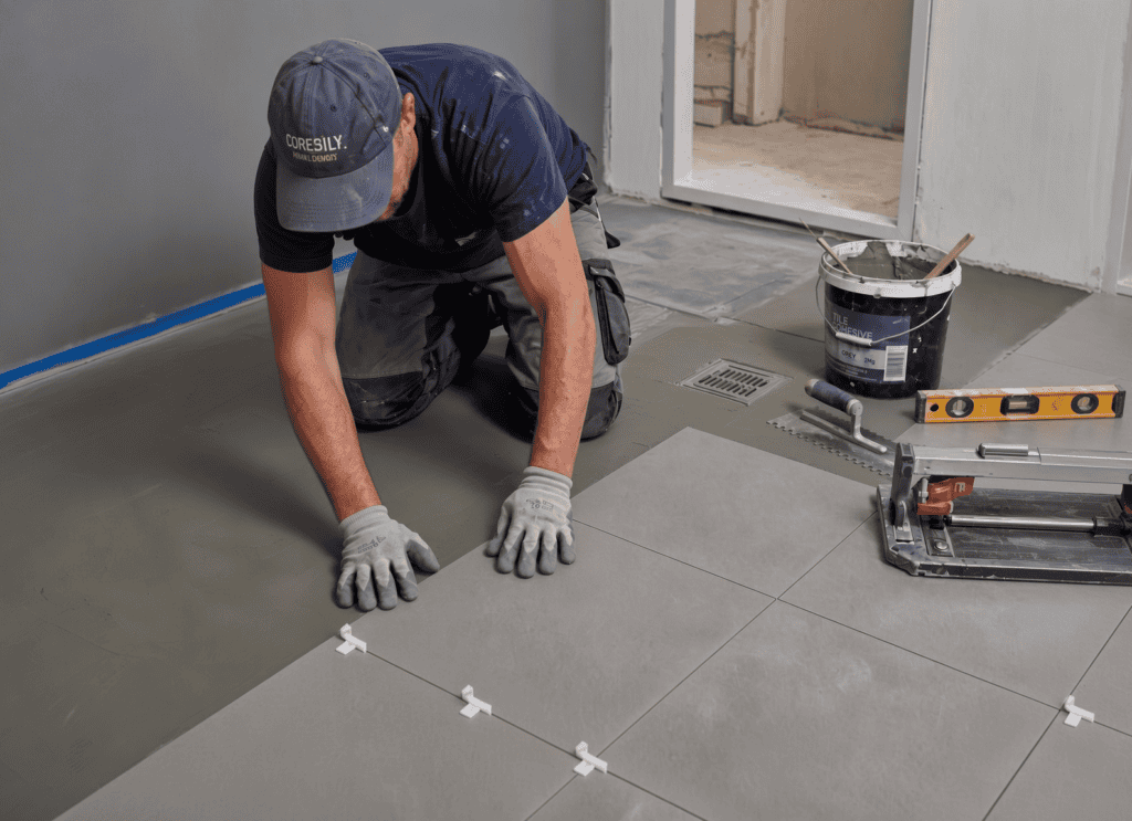 A tiler setting floor tiles onto a cured waterproof membrane in a wet room build, following the fall toward the floor drain.