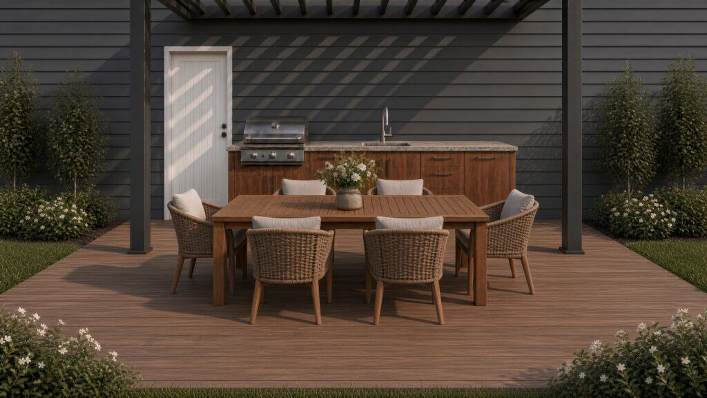 Built-in outdoor kitchen NZ with covered bench, grill and cabinetry on an Auckland deck