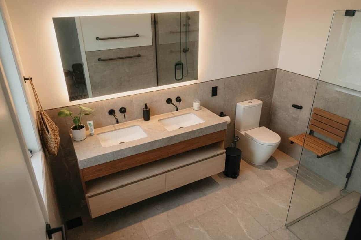 Accessible bathroom with a double vanity, a fold-down timber shower seat, grab rails and a backlit mirror