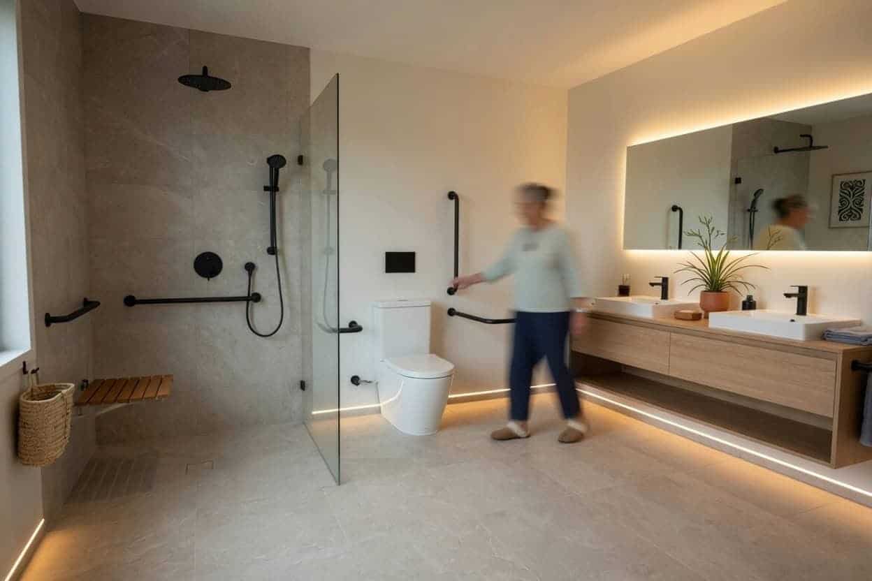 Accessible bathroom with a level-entry shower, black grab rails and a wall-hung toilet, with an older woman using a grab rail