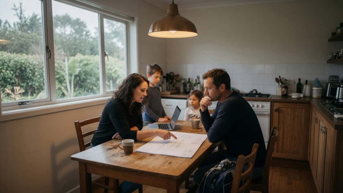 A family around the kitchen table looking over renovation plans on paper and a laptop