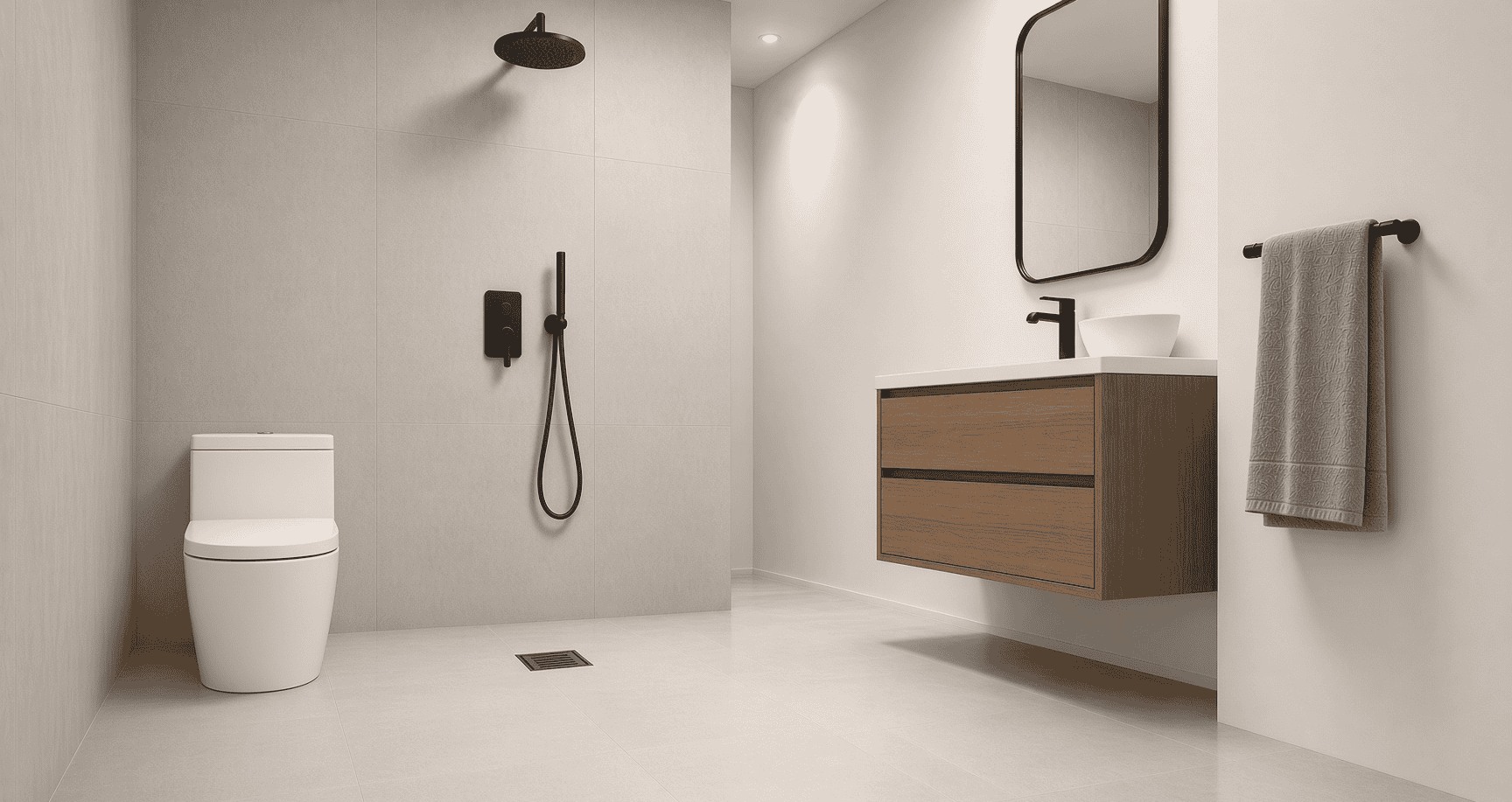 Level-entry wet room with a single floor waste, a wall-hung timber vanity, black shower fittings and a towel rail