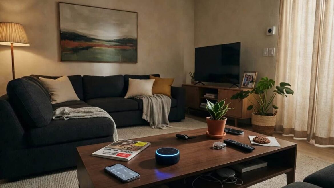 Living room with a smart speaker and a phone on the coffee table, a wall-mounted thermostat and a TV