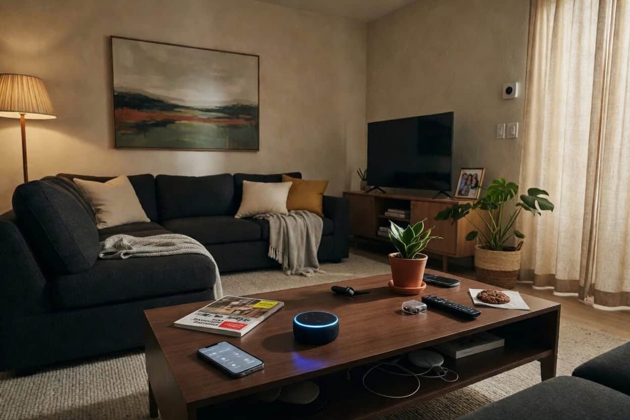 Living room with a smart speaker and a phone on the coffee table, a wall-mounted thermostat and a TV