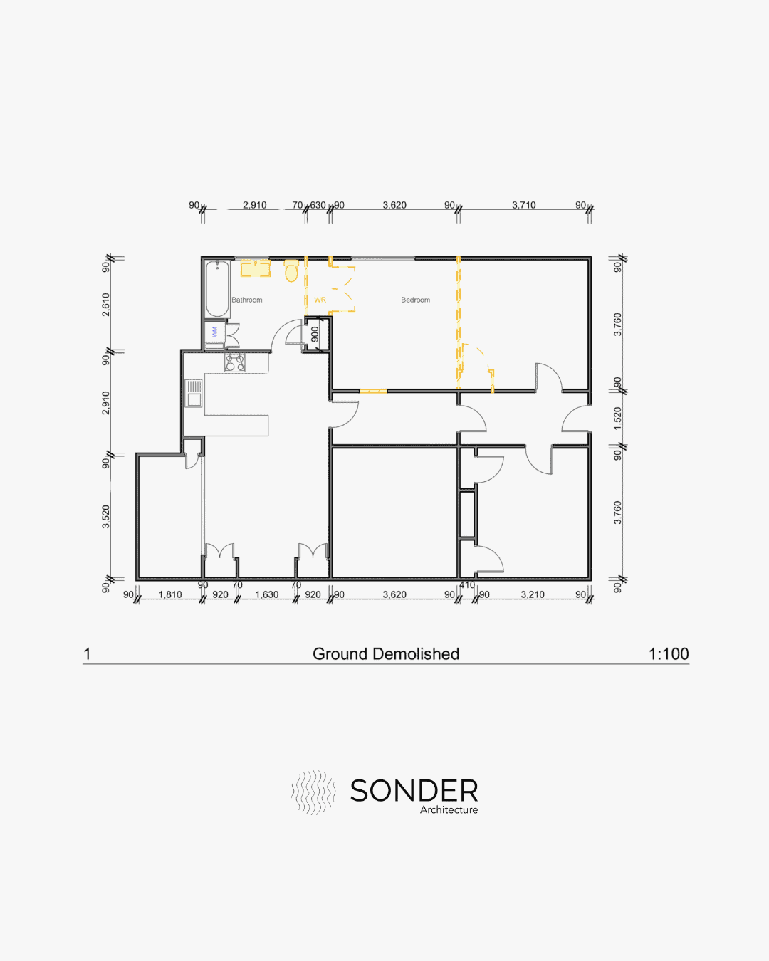 Existing ground floor plan of a three-bedroom house with one bathroom, walls marked in yellow for demolition