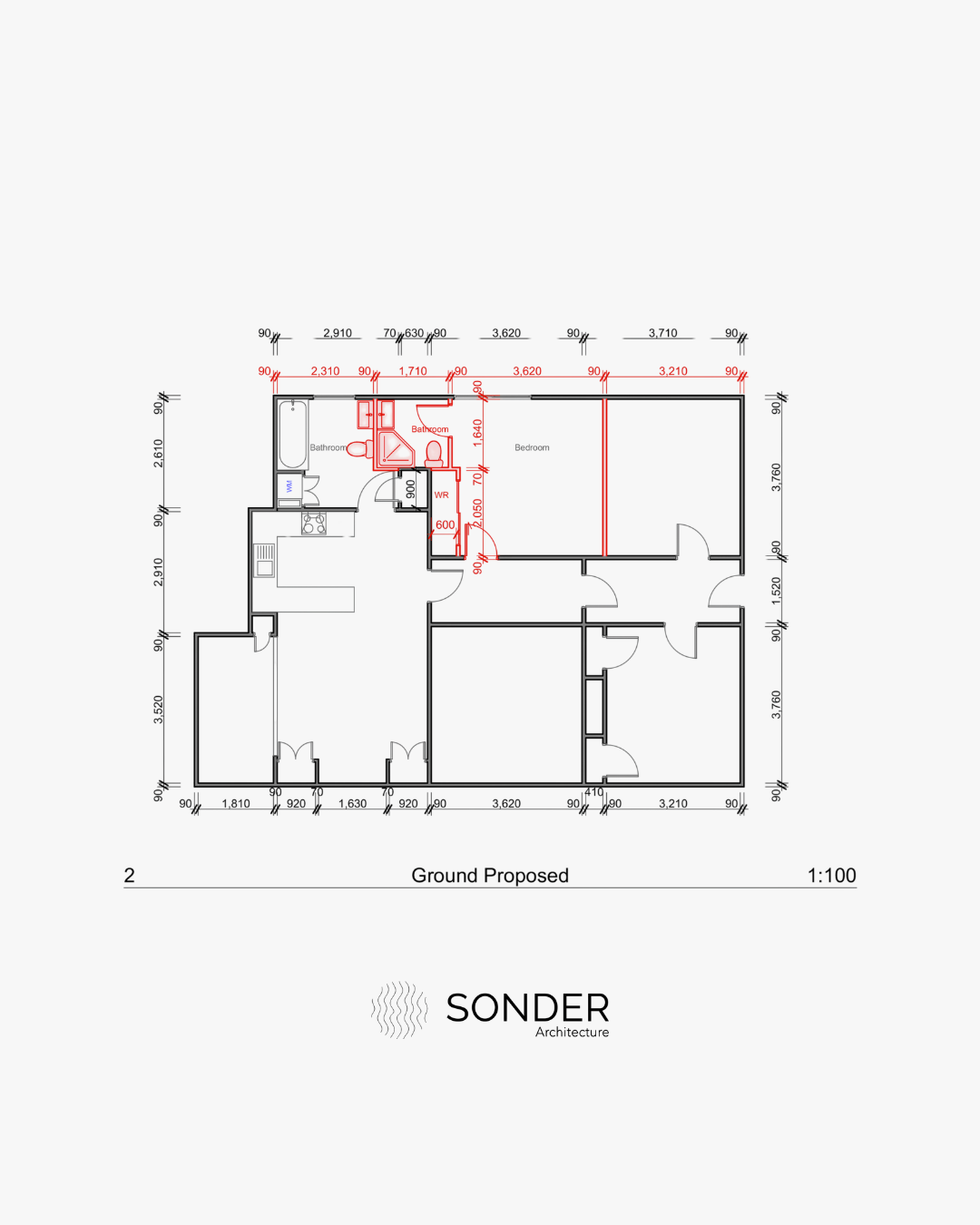 Proposed ground floor plan with a second bathroom in red, formed from the old wardrobe and part of the adjoining bedroom